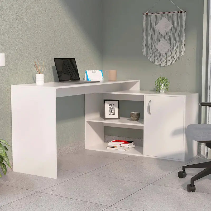 L-förmiger Home-Office-Schreibtisch, zwei Ablagen, Einzeltürenschrank