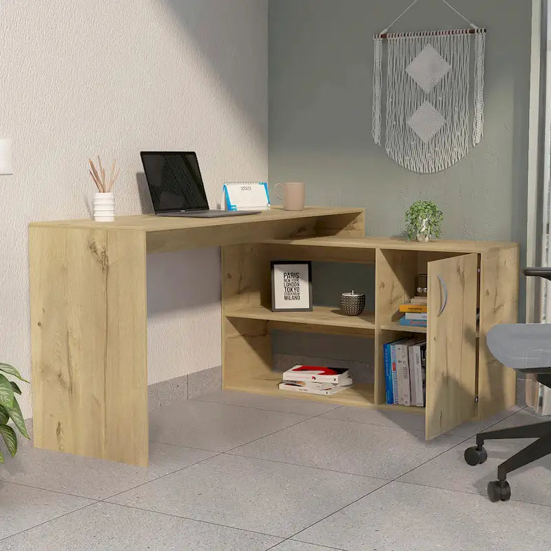 L-förmiger Home-Office-Schreibtisch, zwei Ablagen, Einzeltürenschrank