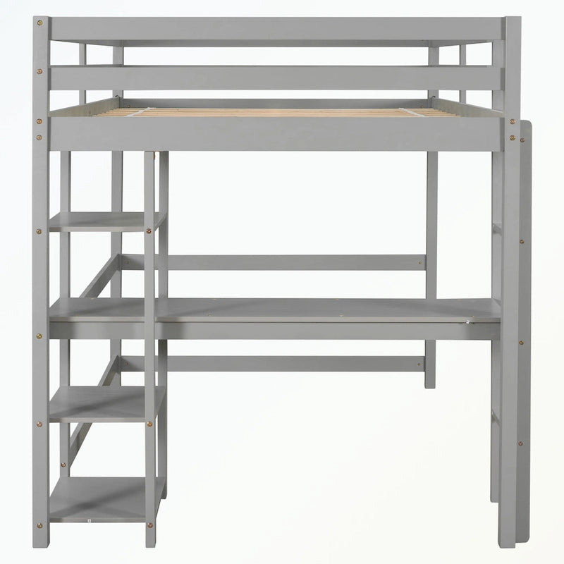 Doppel-Hochbett mit Schreibtisch und Regalen