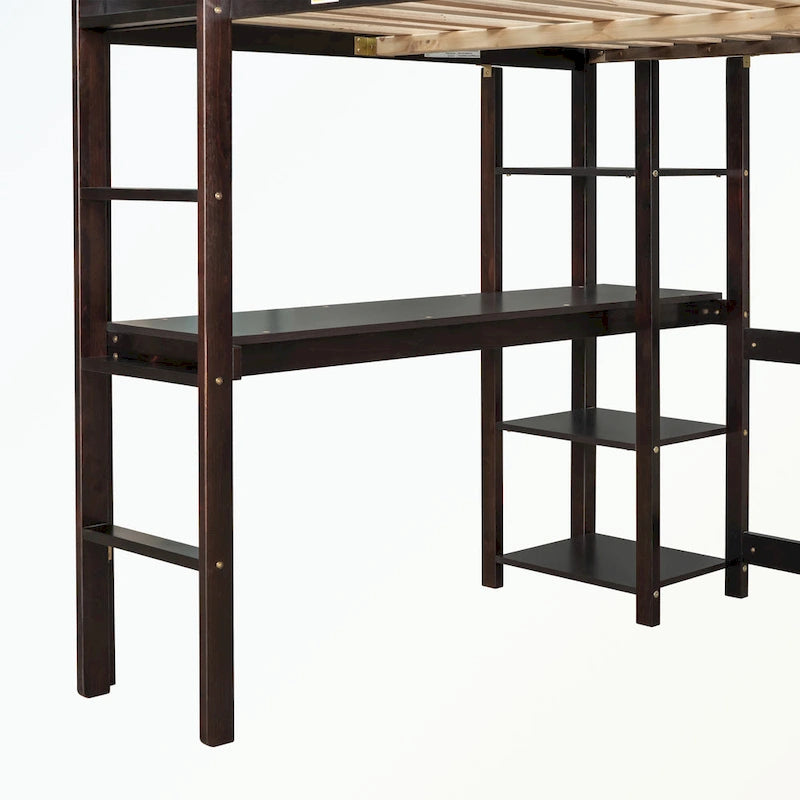 Doppel-Hochbett mit Schreibtisch und Regalen