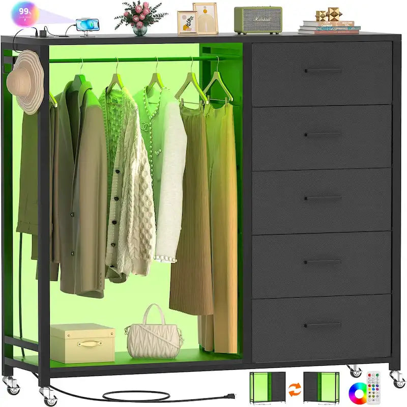 Kommode mit Ladestation und LED-Beleuchtung, Schubladenkommode für Kinderzimmer