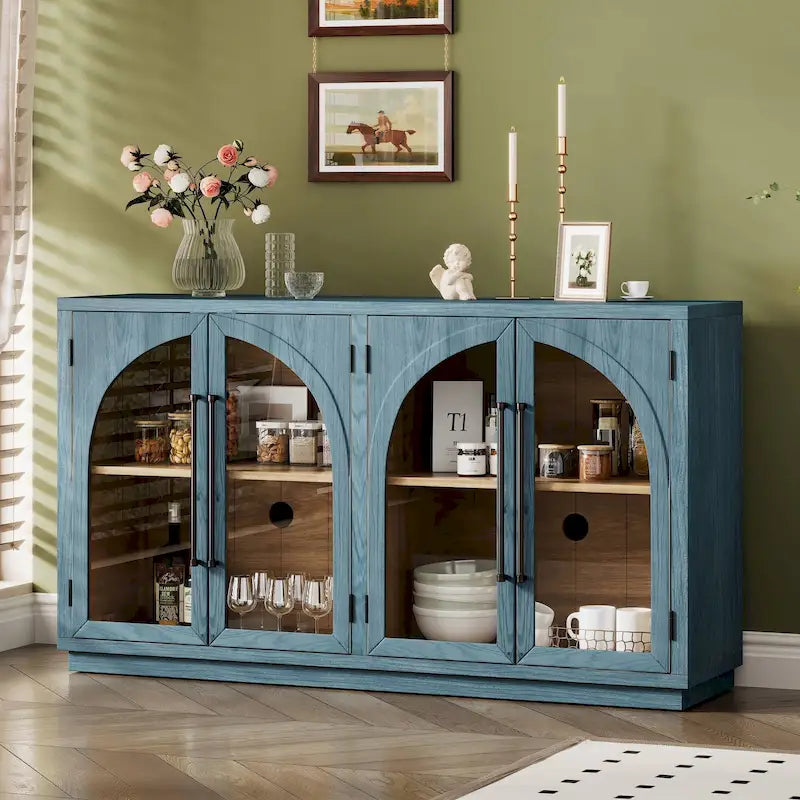 60 Farmhouse 4-türiges großes Vintage-Sideboard mit Metallgriffen und verstellbaren Einlegeböden