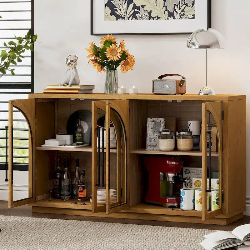 60 Farmhouse 4-türiges großes Vintage-Sideboard mit Metallgriffen und verstellbaren Einlegeböden