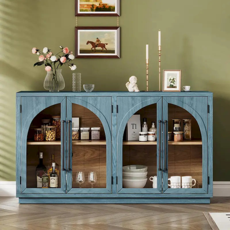 60 Farmhouse 4-türiges großes Vintage-Sideboard mit Metallgriffen und verstellbaren Einlegeböden