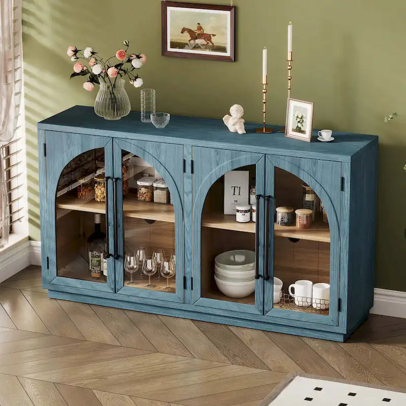 60 Farmhouse 4-türiges großes Vintage-Sideboard mit Metallgriffen und verstellbaren Einlegeböden