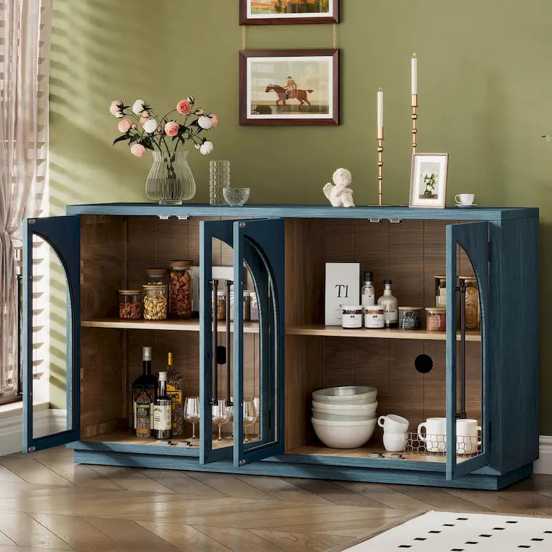 60 Farmhouse 4-türiges großes Vintage-Sideboard mit Metallgriffen und verstellbaren Einlegeböden