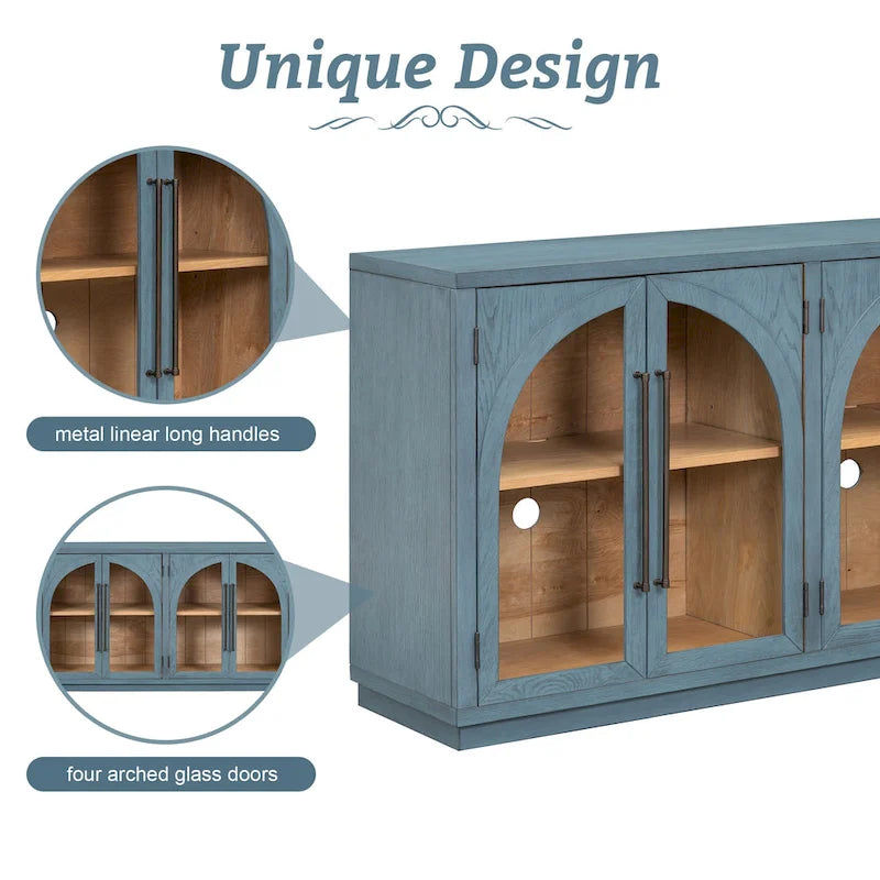 60 Farmhouse 4-türiges großes Vintage-Sideboard mit Metallgriffen und verstellbaren Einlegeböden