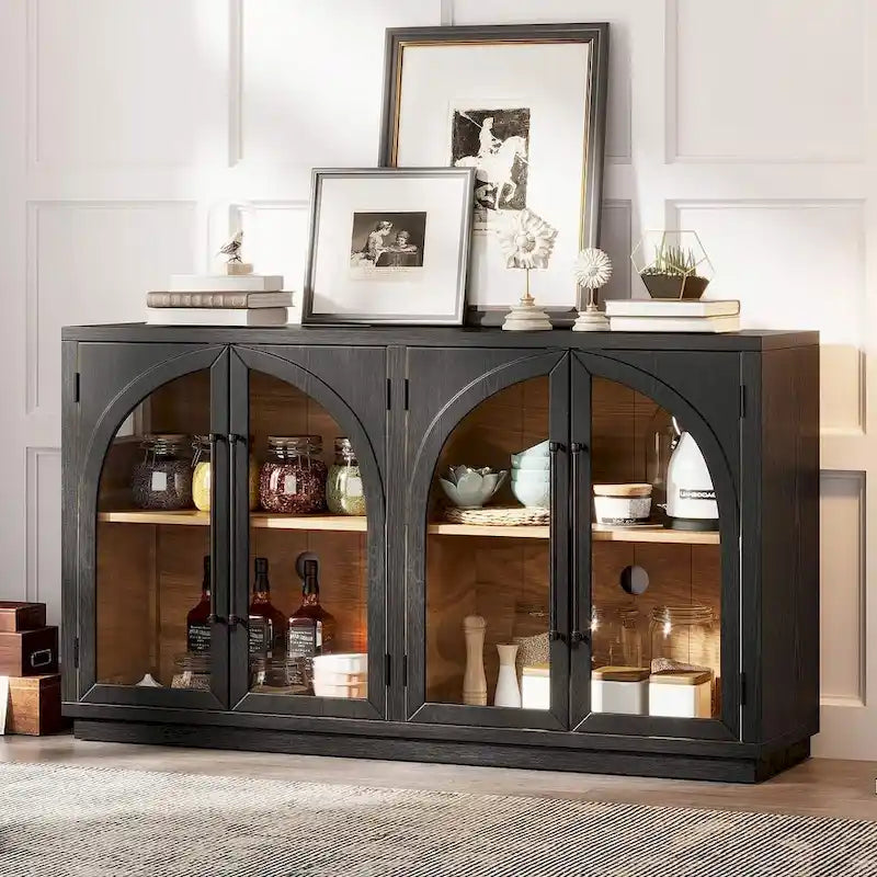 60 Farmhouse 4-türiges großes Vintage-Sideboard mit Metallgriffen und verstellbaren Einlegeböden