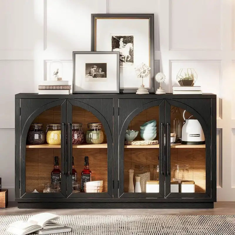 60 Farmhouse 4-türiges großes Vintage-Sideboard mit Metallgriffen und verstellbaren Einlegeböden
