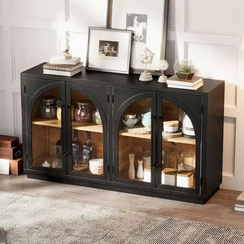 60 Farmhouse 4-türiges großes Vintage-Sideboard mit Metallgriffen und verstellbaren Einlegeböden